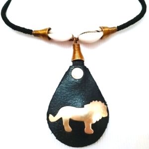 Handcrafted Lion leather brass cowrie necklace